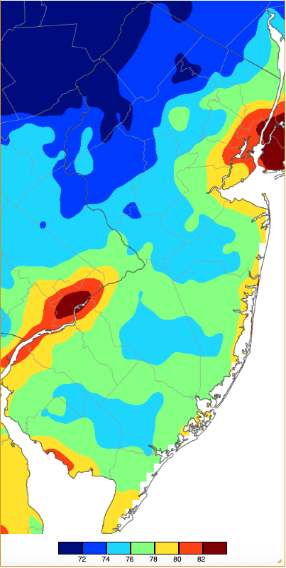 Figure 19. Annual maximum minimum temperatures across NJ during 2025 based on a PRISM (Oregon State University) analysis generated using NWS, NJWxNet, and other professional weather stations. The annual minimum low temperature occurred on different days at different locations. Annual maximum minimum temperatures across NJ during 2025 based on a PRISM (Oregon State University) analysis generated using NWS, NJWxNet, and other professional weather stations. The annual minimum low temperature occurred on different days at different locations.