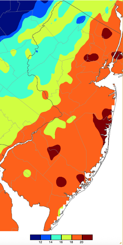 Figure 17. Annual minimum maximum temperatures across NJ during 2025 based on a PRISM (Oregon State University) analysis generated using NWS, NJWxNet, and other professional weather stations. The annual minimum high temperature occurred on different days at different locations. Annual minimum maximum temperatures across NJ during 2025 based on a PRISM (Oregon State University) analysis generated using NWS, NJWxNet, and other professional weather stations. The annual minimum high temperature occurred on different days at different locations.