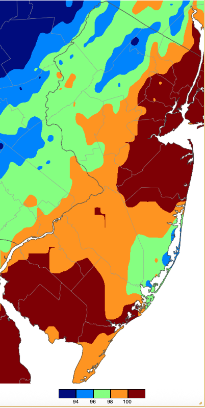 Figure 16. Annual maximum temperatures across NJ during 2025 based on a PRISM (Oregon State University) analysis generated using NWS, NJWxNet, and other professional weather stations. The annual maximum occurred on different days at different locations. Annual maximum temperatures across NJ during 2025 based on a PRISM (Oregon State University) analysis generated using NWS, NJWxNet, and other professional weather stations. The annual maximum occurred on different days at different locations.