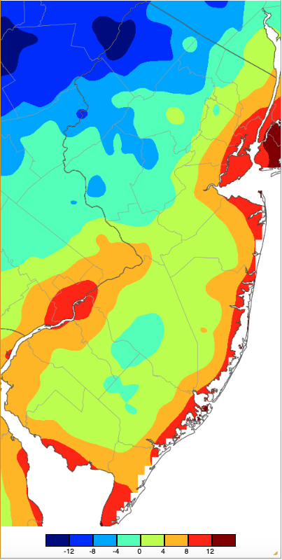 Figure 18. Annual minimum temperatures across NJ during 2025 based on a PRISM (Oregon State University) analysis generated using NWS, NJWxNet, and other professional weather stations. The annual minimum temperature occurred on different days at different locations. Annual minimum temperatures across NJ during 2025 based on a PRISM (Oregon State University) analysis generated using NWS, NJWxNet, and other professional weather stations. The annual minimum temperature occurred on different days at different locations.
