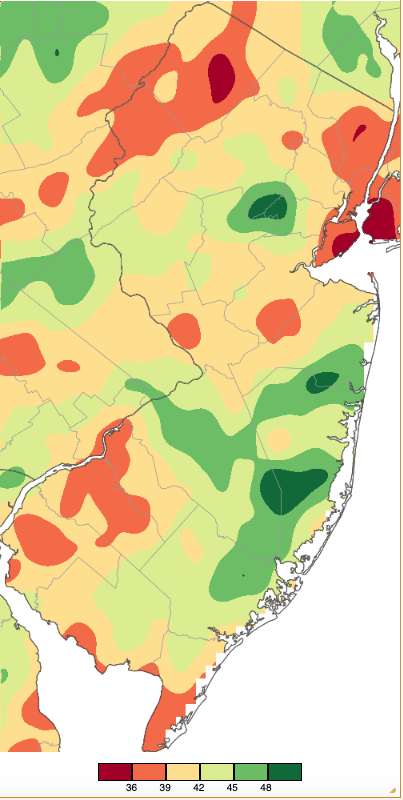 Figure 15. Annual 2025 precipitation across New Jersey based on a PRISM (Oregon State University) analysis generated using NWS Cooperative, CoCoRaHS, and NJWxNet weather station observations. NJ totals ranged from 33.00”–35.99” (red) to 48.00”–50.99” (dark green). Annual 2025 precipitation across New Jersey based on a PRISM (Oregon State University) analysis generated using NWS Cooperative, CoCoRaHS, and NJWxNet weather station observations.