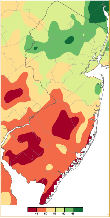 Annual 2023 precipitation across New Jersey based on a PRISM (Oregon State University) analysis generated using NWS Cooperative and CoCoRaHS observations. NJ totals ranged from 40.00”–44.99” to 65.00”–69.99”.