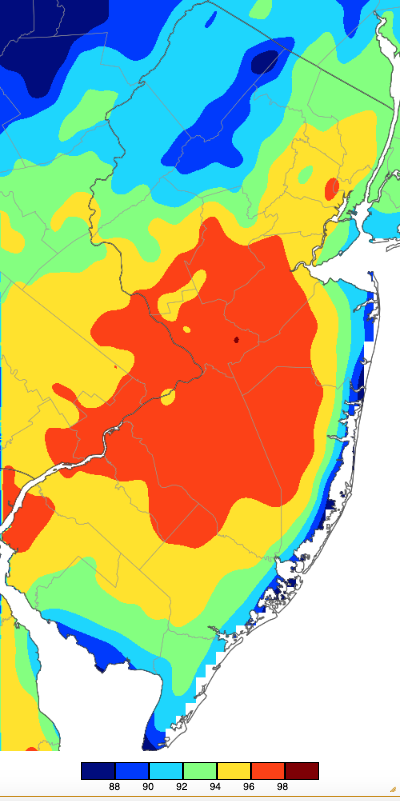 Maximum temperatures on August 1st based on a PRISM (Oregon State University) analysis generated using NWS, NJWxNet, and other professional weather stations.