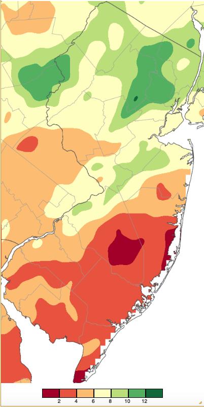 August 2024 precipitation across New Jersey based on a PRISM (Oregon State University) analysis generated using NWS Cooperative, CoCoRaHS, NJWxNet, and other professional weather station observations from approximately 8 AM on July 31st to 8 AM on August 31st.