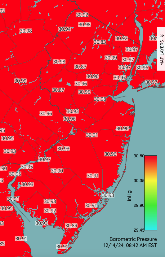 Barometric pressure (inches of mercury) at 8:42 AM on December 14. Observations are within 0.10” of their maximum for this episode. Observations from NJWxNet, Delaware Environmental Observing System, and National Weather Service Automated Surface Observing System stations.