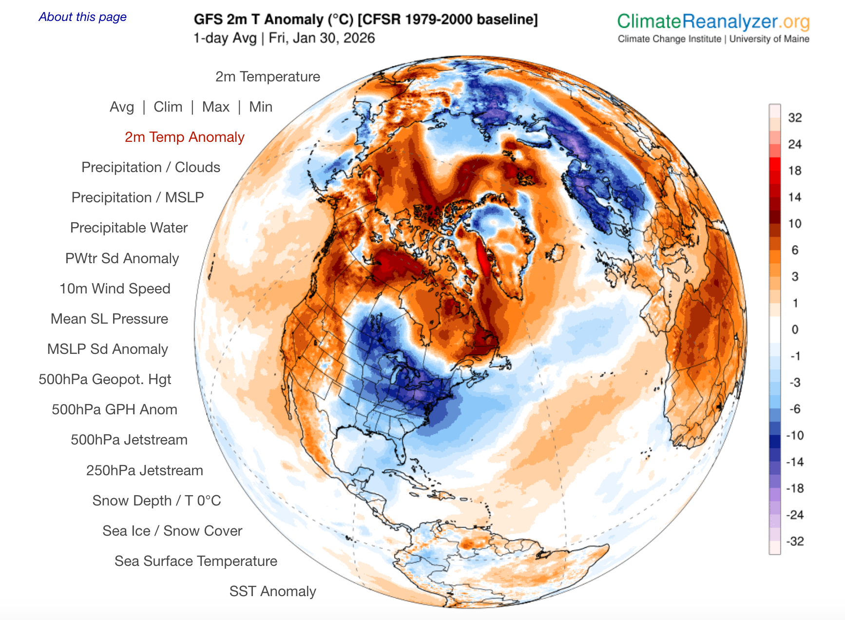 Figure 7. NOAA Global Forecast System average 2-meter temperature anomalies (in °C) for January 30th over a portion of the Northern Hemisphere centered over North America and the north Atlantic Ocean (Climate Reanalyzer, University of Maine). NOAA Global Forecast System average 2-meter temperature anomalies (in °C) for January 30th over a portion of the Northern Hemisphere centered over North America and the north Atlantic Ocean (Climate Reanalyzer, University of Maine).
