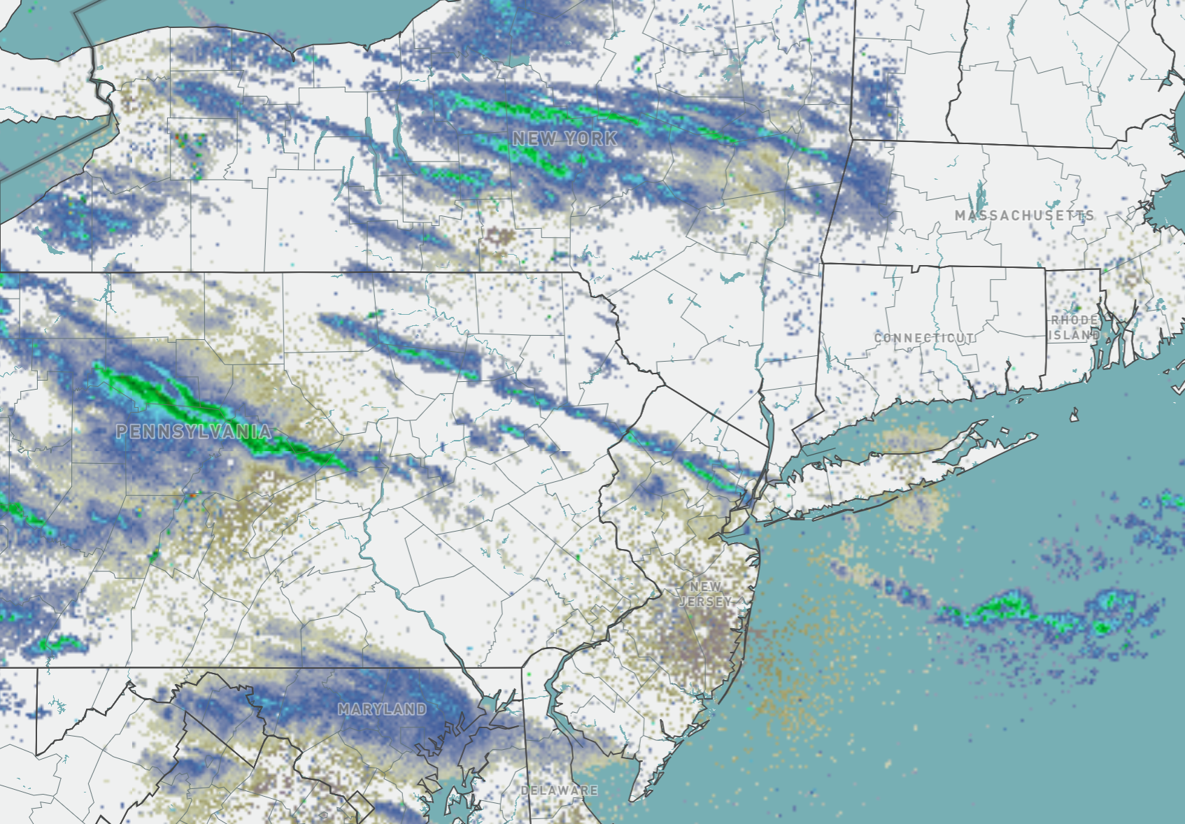 Figure 4. Mid-evening radar on December 11th showing a snow squall across a swath of north Jersey. Note additional squalls across Pennsylvania and New York and off the coast (NWS). Mid-evening radar on December 11th showing a snow squall across a swath of north Jersey.