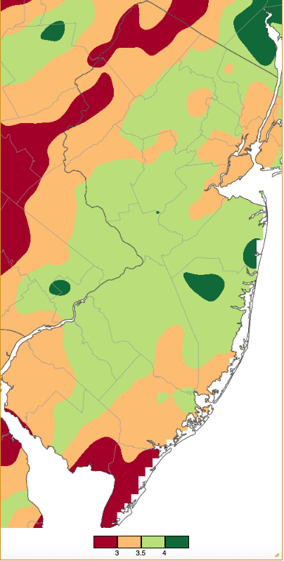 Figure 1. December 2025 precipitation across New Jersey based on a PRISM (Oregon State University) analysis generated using NWS Cooperative, CoCoRaHS, NJWxNet, and other professional weather station observations from approximately 7 AM on November 30th to 7 AM on December 31st. Note the scale in inches at the bottom of the map. Totals range from 2.50”–2.99” (dark red) to 4.00”–4.49” (dark green). December 2025 precipitation across New Jersey based on a PRISM (Oregon State University) analysis generated using NWS Cooperative, CoCoRaHS, NJWxNet, and other professional weather station observations from approximately 7 AM on November 30th to 7 AM on December 31st.
