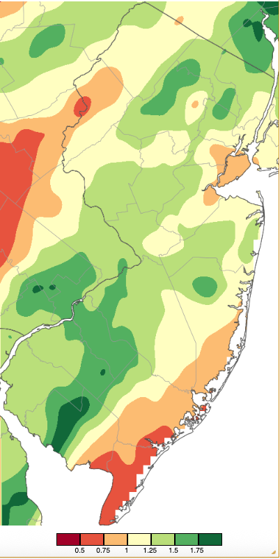 Figure 8. Precipitation across New Jersey from 7 AM on December 18th through 7 AM December 20th based on a PRISM (Oregon State University) analysis generated using NWS Cooperative, CoCoRaHS, NJWxNet, and other professional weather station observations. As in Figure 2, totals range from 0.25”–0.50” (dark red) to 1.75”–2.00” (dark green). Precipitation across New Jersey from 7 AM on December 18th through 7 AM December 20th based on a PRISM (Oregon State University) analysis generated using NWS Cooperative, CoCoRaHS, NJWxNet, and other professional weather station observations.