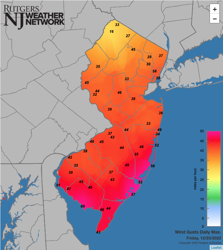 Maximum wind gusts at Rutgers NJ Weather Network stations on December 23rd.