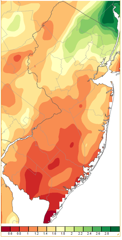 Precipitation across New Jersey from 8 AM on December 22nd through 8 AM December 24th based on a PRISM (Oregon State University) analysis generated using NWS Cooperative and CoCoRaHS observations.