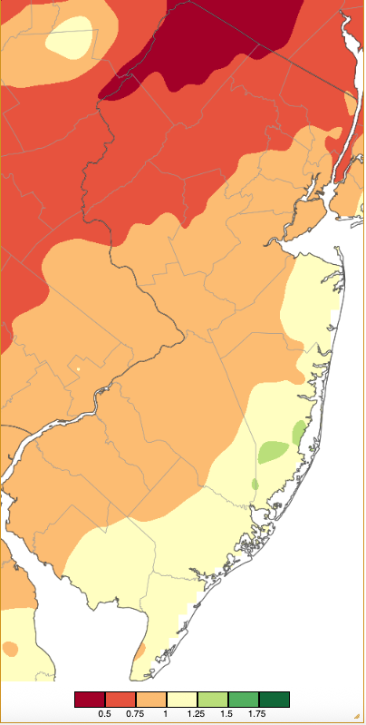Figure 2. Precipitation across New Jersey from 7 AM on December 1st through 7 AM December 3rd based on a PRISM (Oregon State University) analysis generated using NWS Cooperative, CoCoRaHS, NJWxNet, and other professional weather station observations. Totals range from 0.25”–0.50” (dark red) to 1.75”–2.00” (dark green). Precipitation across New Jersey from 7 AM on December 1st through 7 AM December 3rd based on a PRISM (Oregon State University) analysis generated using NWS Cooperative, CoCoRaHS, NJWxNet, and other professional weather station observations.