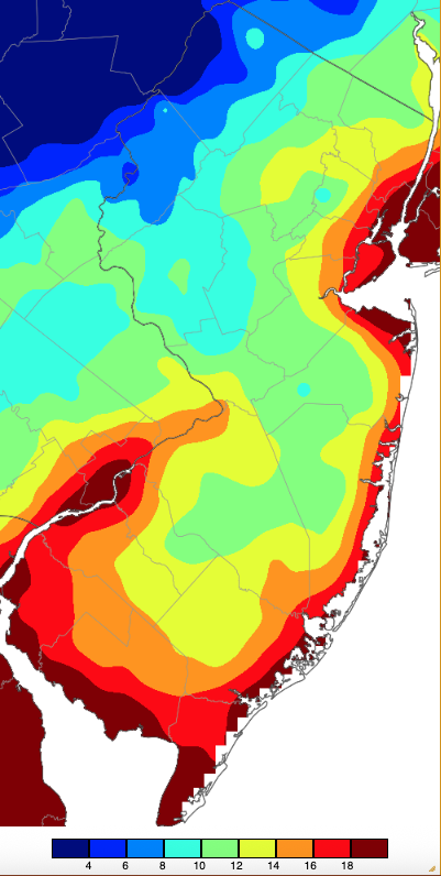 Figure 13. Minimum temperatures on December 9th based on a PRISM (Oregon State University) analysis generated using NWS, NJWxNet, and other professional weather stations. Note the 2° scale beneath the map. Minimum temperatures on December 9th based on a PRISM (Oregon State University) analysis generated using NWS, NJWxNet, and other professional weather stations.