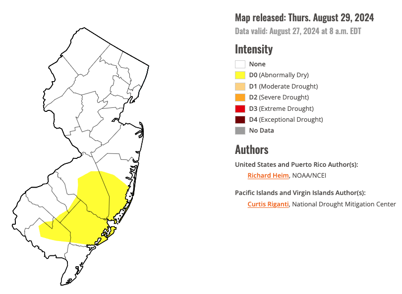 U.S. Drought Monitor map of conditions in NJ as of August 27th.