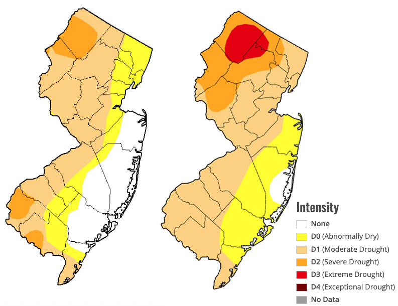 Figure 11. U.S. Drought Monitor map of conditions in NJ as of December 2, 2025 (left) and February 24th, 2026 (right). U.S. Drought Monitor map of conditions in NJ as of December 2, 2025 (left) and February 24th, 2026 (right).