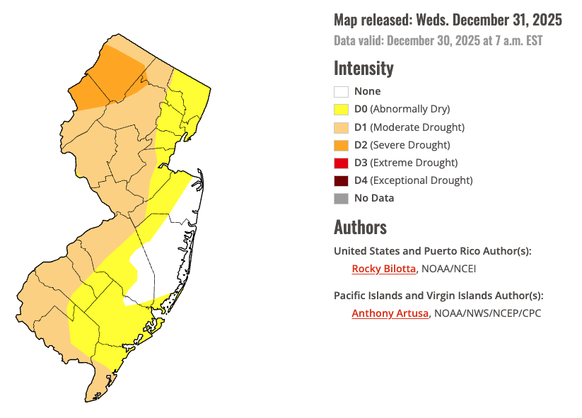 Figure 12. U.S. Drought Monitor map of conditions in NJ as of December 30, 2025. Figure 12. U.S. Drought Monitor map of conditions in NJ as of December 30, 2025.