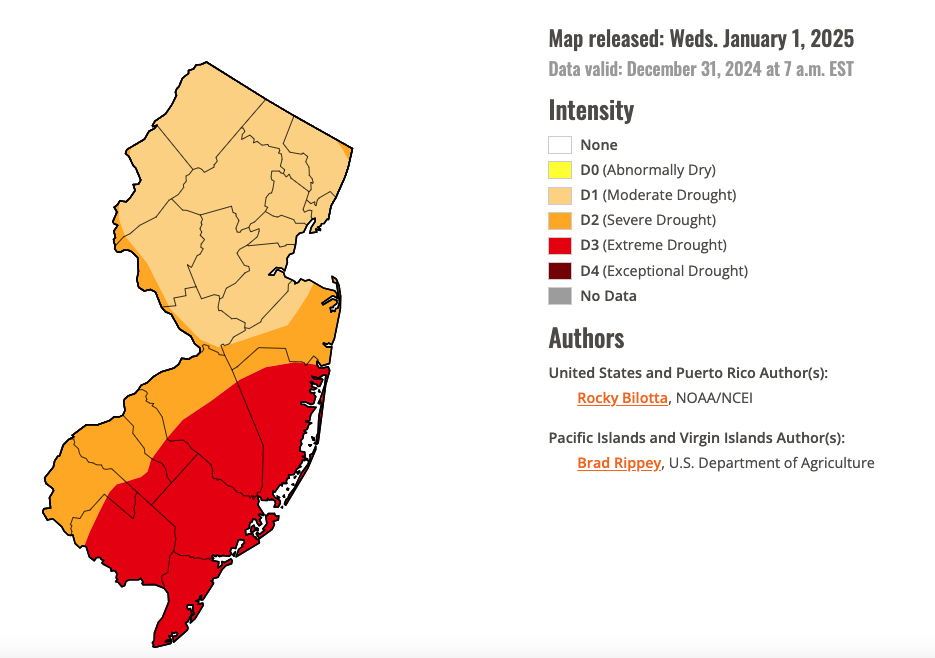 U.S. Drought Monitor map of conditions in NJ as of December 31, 2024.