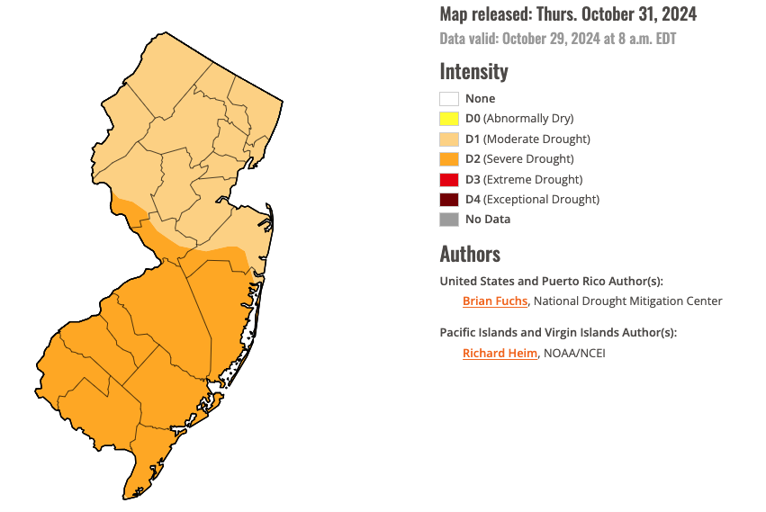 U.S. Drought Monitor map of conditions in NJ as of October 29, 2024.