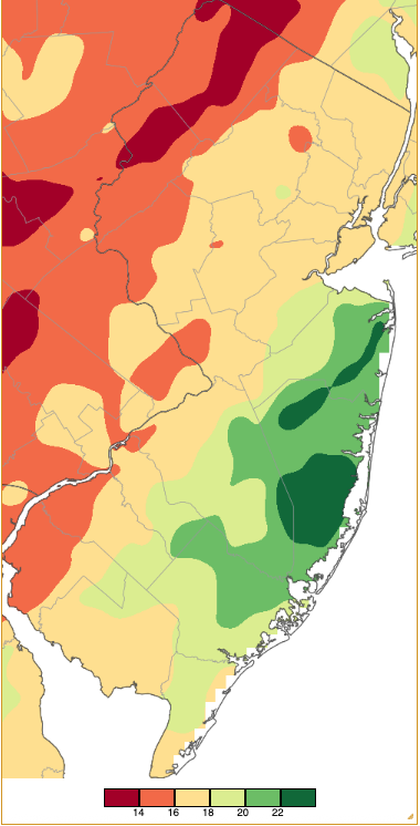 Figure 12. Fall 2025–Winter 2025/2026 (September 1st–February 28th) precipitation across New Jersey based on a PRISM (Oregon State University) analysis generated using NWS Cooperative, CoCoRaHS, NJWxNet, and other professional weather station observations. Totals range from 12.00”–13.99” (dark red) to 22.00”–23.99” (dark green). Fall 2025–Winter 2025/2026 (September 1st–February 28th) precipitation across New Jersey based on a PRISM (Oregon State University) analysis generated using NWS Cooperative, CoCoRaHS, NJWxNet, and other professional weather station observations.