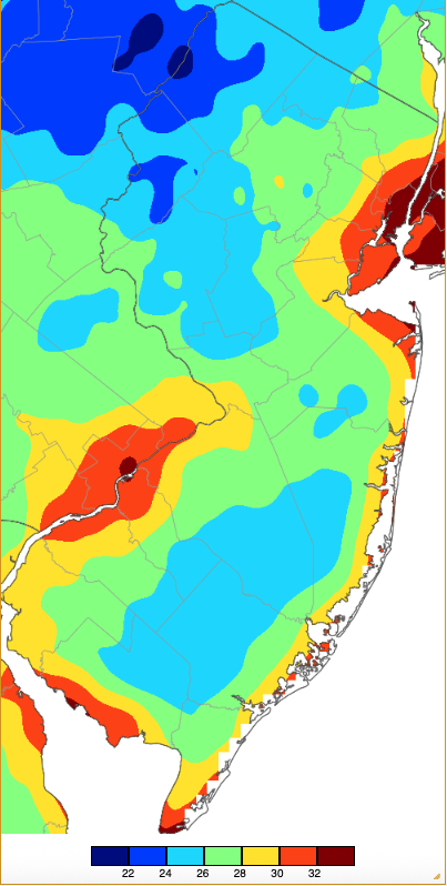 Figure 10. Extreme minimum temperatures during fall 2025 (September 1st–November 30th) based on a PRISM (Oregon State University) analysis generated using NWS, NJWxNet, and other professional weather stations. Seasonal minimum temperatures occurred on different days at different locations. Extreme minimum temperatures during fall 2025 (September 1st–November 30th) based on a PRISM (Oregon State University) analysis generated using NWS, NJWxNet, and other professional weather stations.
