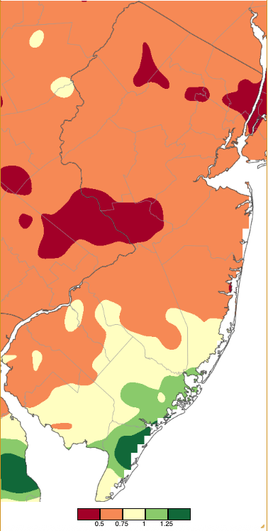 Figure 5. Precipitation across New Jersey from 7 AM on February 18th through 7 AM February 19th based on a PRISM (Oregon State University) analysis generated using NWS Cooperative, CoCoRaHS, NJWxNet, and other professional weather station observations. Note the scale in inches beneath the map. Map of recipitation across New Jersey from 7 AM on February 18th through 7 AM February 19th based on a PRISM (Oregon State University) analysis generated using NWS Cooperative, CoCoRaHS, NJWxNet, and other professional weather station observations.