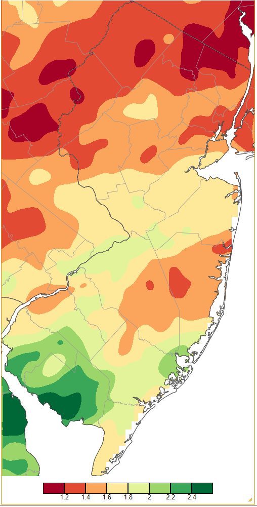 February 2023 precipitation across New Jersey based on a PRISM (Oregon State University) analysis generated using NWS Cooperative and CoCoRaHS observations from 7 AM on January 31st to 7 AM on February 28th.