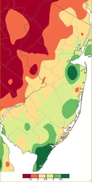 Figure 1. February 2026 precipitation across New Jersey based on a Northeast Regional Climate Center analysis generated using NWS Cooperative, CoCoRaHS, NJWxNet, and other professional weather station observations from 7 AM on January 31st to 7 AM on February 28th. Note the scale in inches at the bottom of the map. Totals range from 1.00”–1.49” (dark red) to 3.50”–3.99” (dark green). February 2026 precipitation across New Jersey based on a Northeast Regional Climate Center analysis generated using NWS Cooperative, CoCoRaHS, NJWxNet, and other professional weather station observations from 7 AM on January 31st to 7 AM on February 28th.