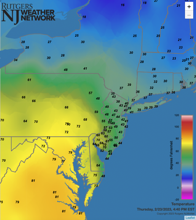 Temperatures across the Northeast and Mid-Atlantic at 4:40 PM on February 23rd.