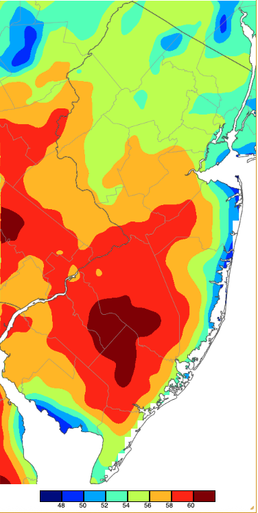 Figure 9. Maximum temperatures on February 28th based on a PRISM (Oregon State University) analysis generated using NWS, NJWxNet, and other professional weather stations. Maximum temperatures on February 28th based on a PRISM (Oregon State University) analysis generated using NWS, NJWxNet, and other professional weather stations.