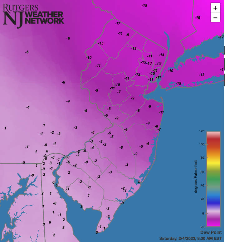 Dew point temperatures across NJ and nearby states at 8:30AM on February 4th.