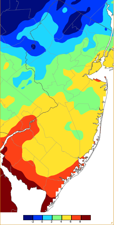 Figure 8. Minimum temperatures on February 8th based on a PRISM (Oregon State University) analysis generated using NWS, NJWxNet, and other professional weather stations. Minimum temperatures on February 8th based on a PRISM (Oregon State University) analysis generated using NWS, NJWxNet, and other professional weather stations.
