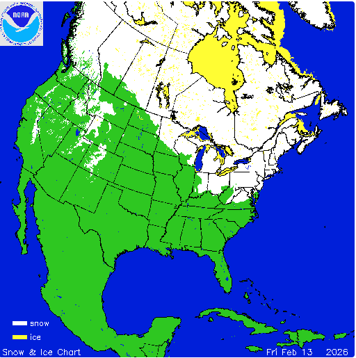 Figure 3. Snow cover across North America on February 13th. Areas covered with snow are white, lake/bay/sea ice (yellow), snow-free land (green), and open water (blue). (NOAA IMS). Map of snow cover across North America on February 13th