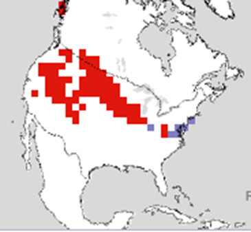 Figure 4. Areas with anomalous snow cover across North America on February 13th. Areas where snow cover is present yet normally is not found on this date are shown in blue. Areas where snow cover is normally found but this year is not found on this date are show in red. Departures are determined using the NOAA IMS product (Rutgers Global Snow Lab). Map of snow cover departures across North America on February 13th