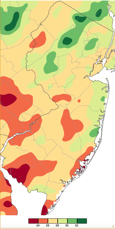 January–June 2024 precipitation across New Jersey based on a PRISM (Oregon State University) analysis generated using NWS Cooperative, CoCoRaHS, and NJWxNet weather station observations.