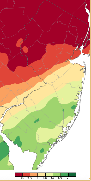 Figure 9. Precipitation across New Jersey from 7 AM on January 9th through 7 AM January 11th based on a PRISM (Oregon State University) analysis generated using NWS Cooperative, CoCoRaHS, NJWxNet, and other professional weather station observations. Totals range from 0.25”–0.50” (dark red) to 2.00”–2.25” (dark green). Precipitation across New Jersey from 7 AM on January 9th through 7 AM January 11th based on a PRISM (Oregon State University) analysis generated using NWS Cooperative, CoCoRaHS, NJWxNet, and other professional weather station observations.