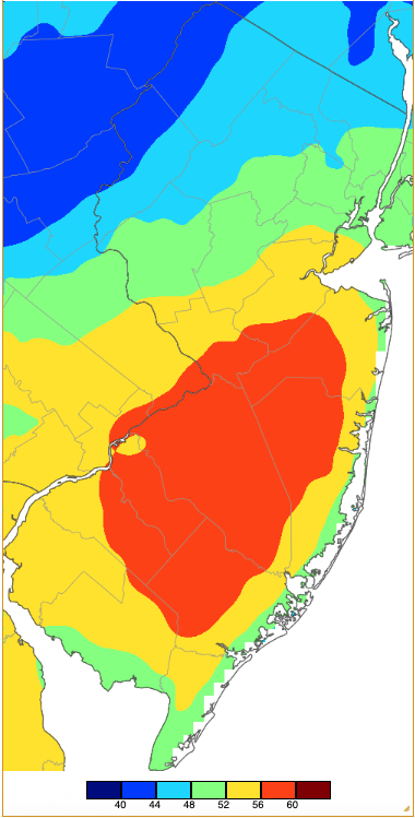 Figure 3. Maximum temperatures on January 14th based on a PRISM (Oregon State University) analysis generated using NWS, NJWxNet, and other professional weather stations. Maximum temperatures on January 14th based on a PRISM (Oregon State University) analysis generated using NWS, NJWxNet, and other professional weather stations.