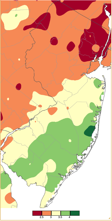 Figure 1. January 2026 precipitation across New Jersey based on a PRISM (Oregon State University) analysis generated using NWS Cooperative, CoCoRaHS, NJWxNet, and other professional weather station observations. Note the scale in inches at the bottom of the map. Totals range from 2.00”–2.49” (dark red) to 4.00”–4.49” (dark green). January 2026 precipitation across New Jersey based on a PRISM (Oregon State University) analysis generated using NWS Cooperative, CoCoRaHS, NJWxNet, and other professional weather station observations.