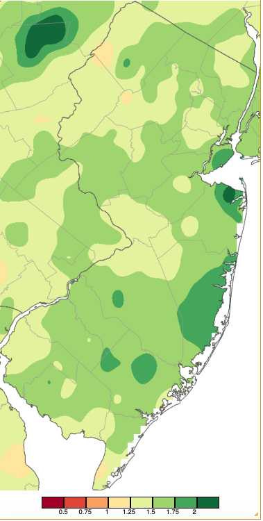 Figure 12. Precipitation across New Jersey from 7 AM on January 24th through 7 AM January 26th based on a PRISM (Oregon State University) analysis generated using NWS Cooperative, CoCoRaHS, NJWxNet, and other professional weather station observations. Totals range from 0.25”–0.50” (dark red) to 2.00”–2.25” (dark green). Precipitation across New Jersey from 7 AM on January 24th through 7 AM January 26th based on a PRISM (Oregon State University) analysis generated using NWS Cooperative, CoCoRaHS, NJWxNet, and other professional weather station observations.