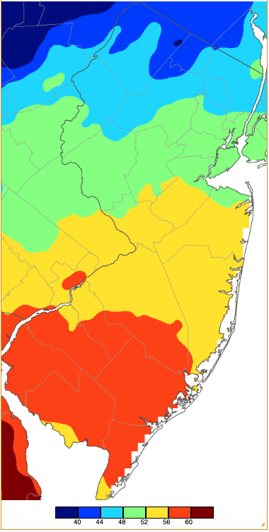 Figure 2. Maximum temperatures on January 7th based on a PRISM (Oregon State University) analysis generated using NWS, NJWxNet, and other professional weather stations. Note the 4° scale beneath the map. Maximum temperatures on January 7th based on a PRISM (Oregon State University) analysis generated using NWS, NJWxNet, and other professional weather stations.
