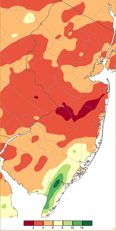 July 2024 precipitation across New Jersey based on a PRISM (Oregon State University) analysis generated using NWS Cooperative, CoCoRaHS, NJWxNet, and other professional weather station observations from approximately 8 AM on June 30th to 8 AM on July 31st.