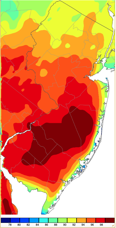 Maximum temperatures on June 22nd based on a PRISM (Oregon State University) analysis generated using NWS, NJWxNet, and other professional weather stations.