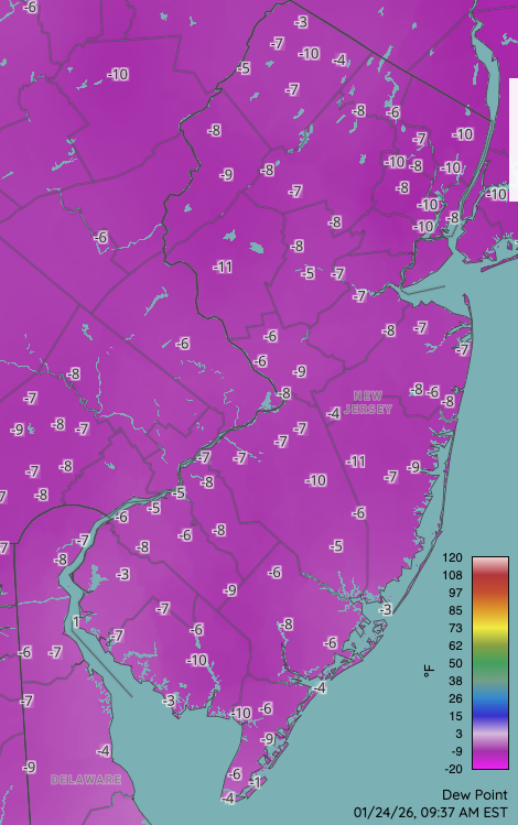 Figure 4. Dew point temperatures at 9:37AM on January 24th. Includes observations from the Rutgers NJ Weather Network, NJ DOT RWIS, National Weather Service, and Delaware Environmental Observing System. Dew point temperatures at 9:37AM on January 24th. Includes observations from the Rutgers NJ Weather Network, NJ DOT RWIS, National Weather Service, and Delaware Environmental Observing System.