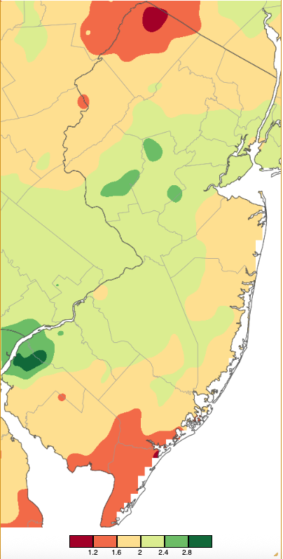 Figure 1. November 2025 precipitation across New Jersey based on a PRISM (Oregon State University) analysis generated using NWS Cooperative, CoCoRaHS, NJWxNet, and other professional weather station observations from approximately 8 AM on October 31st to 7 AM on November 30th. Note the scale in inches at the bottom of the map. Totals range from 0.80”–1.20” (dark red) to 2.80”–3.20” (dark green). November 2025 precipitation across New Jersey based on a PRISM (Oregon State University) analysis generated using NWS Cooperative, CoCoRaHS, NJWxNet, and other professional weather station observations from approximately 8 AM on October 31st to 7 AM on November 30th.