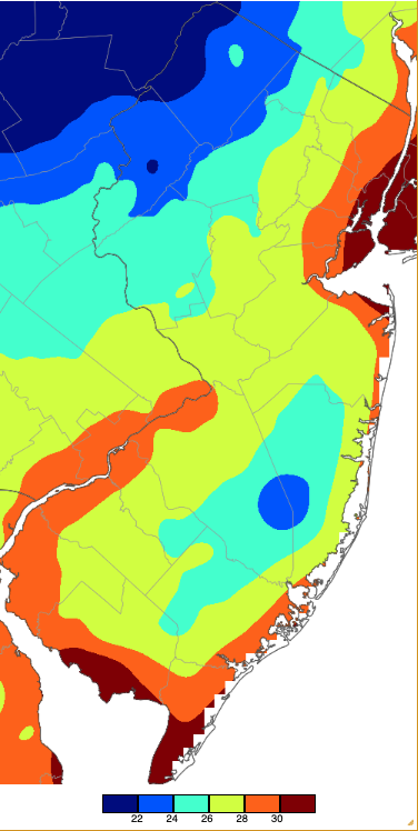 Minimum temperatures on November 30th based on a PRISM (Oregon State University) analysis generated using NWS, NJWxNet, and other professional weather stations.