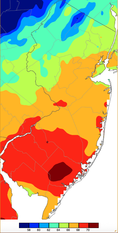 Figure 5. Maximum temperatures on November 8th based on a PRISM (Oregon State University) analysis generated using NWS, NJWxNet, and other professional weather stations. Note the 2° scale beneath the map. Figure 5. Maximum temperatures on November 8th based on a PRISM (Oregon State University) analysis generated using NWS, NJWxNet, and other professional weather stations.