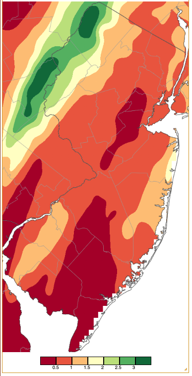 Precipitation across New Jersey from 8 AM on October 12th through 8 AM October 14th based on a PRISM (Oregon State University) analysis generated using generated using NWS Cooperative and CoCoRaHS observations. Note the scale in inches beneath the map.
