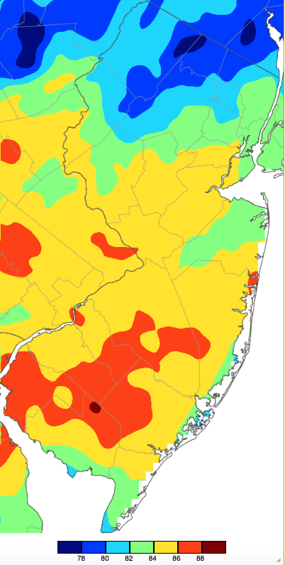 Maximum temperatures on September 1st based on a PRISM (Oregon State University) analysis generated using NWS, NJWxNet, and other professional weather stations.