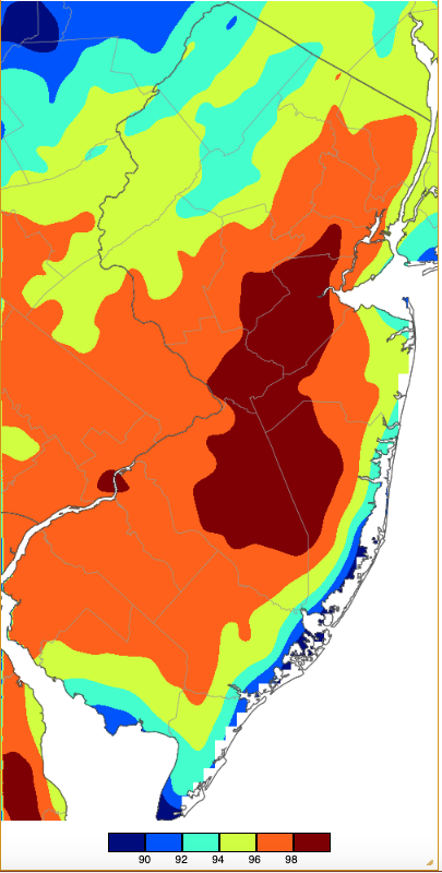 Extreme maximum temperatures during the summer of 2024 (June 1st–August 31st) based on a PRISM (Oregon State University) analysis generated using NWS, NJWxNet, and other professional weather stations.