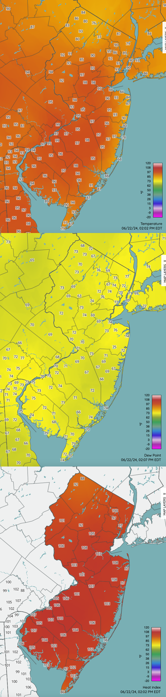 Surface air temperature (top), dew point (middle), and heat index (bottom) around 2:00 PM on June 22nd. Observations are from Rutgers NJ Weather Network, National Weather Service airport stations, Shrewsbury Weather Network, and Delaware Environmental Observing System Network, with the heat index calculated from the observed temperature and humidity data (only displayed if 80° or higher).