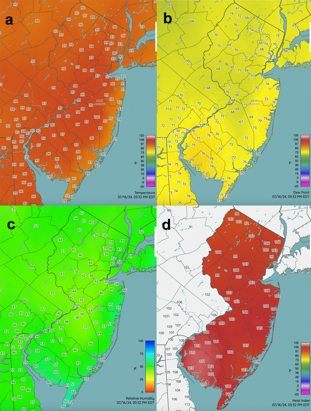 Figure 3. Conditions at 3:30 PM on July 16th. This includes air temperature, dew point, relative humidity, and heat index. Observations are from NJWxNet, NWS, and other professional weather stations.